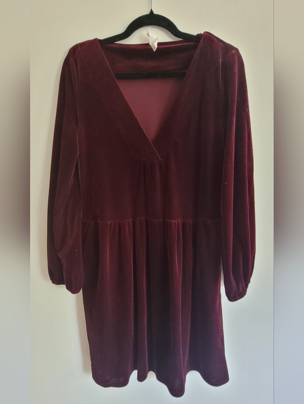 Velvet V-Neck Long Sleeve Dress - Wine